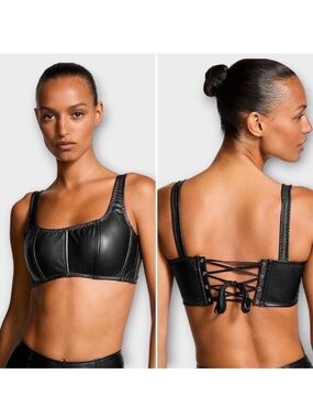 Victoria Secret Black Faux Leather Corset Top Lace Up Bustier Halloween S DD Cup
